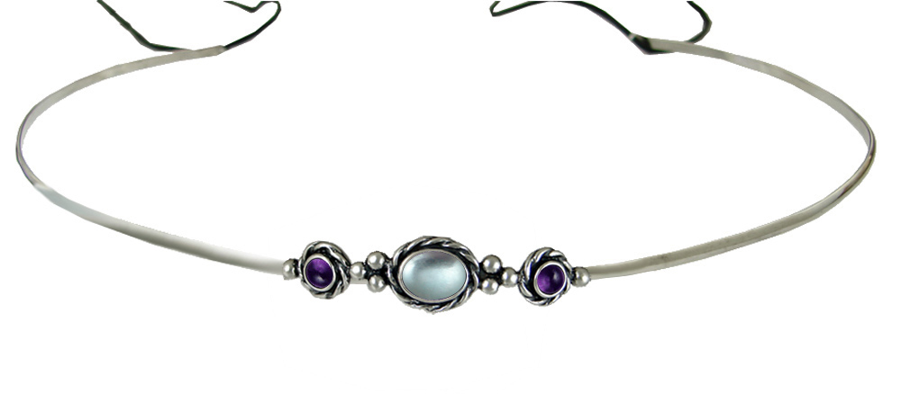 Sterling Silver Renaissance Style Exquisite Headpiece Circlet Tiara With Blue Topaz And Amethyst